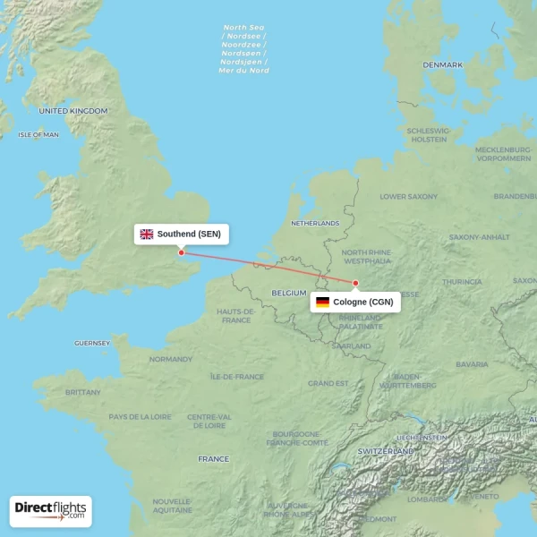 Southend - Cologne direct flight map