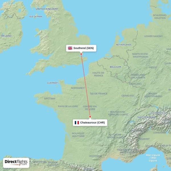 Southend - Chateauroux direct flight map
