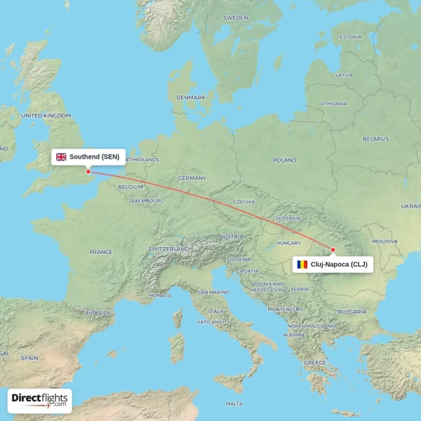 Southend - Cluj-Napoca direct flight map