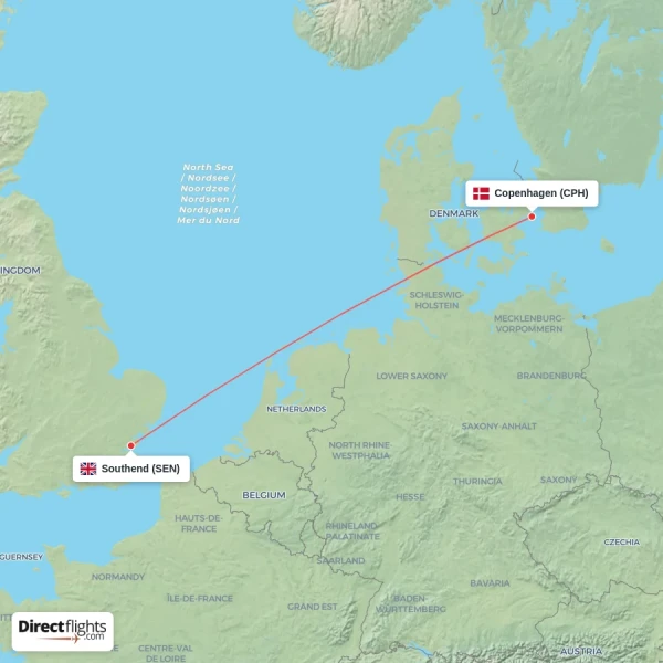 Southend - Copenhagen direct flight map