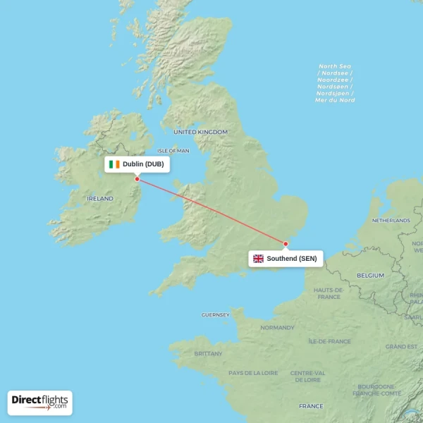Southend - Dublin direct flight map