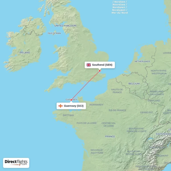 Southend - Guernsey direct flight map