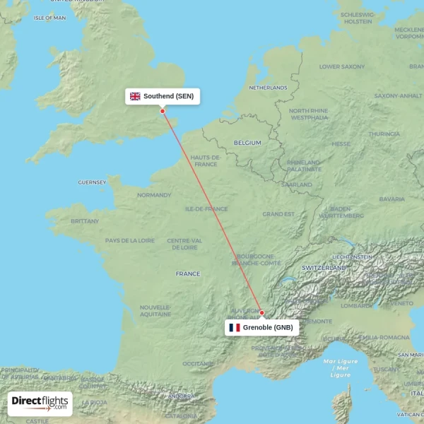 Southend - Grenoble direct flight map