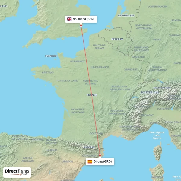 Southend - Girona direct flight map
