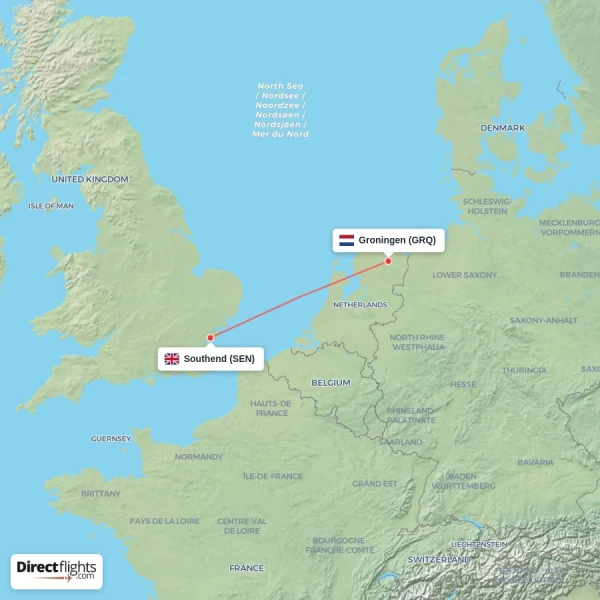 Southend - Groningen direct flight map