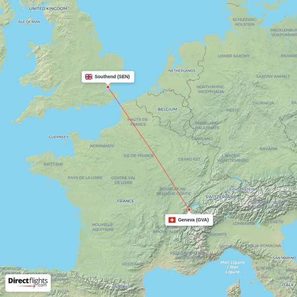 Southend - Geneva direct flight map