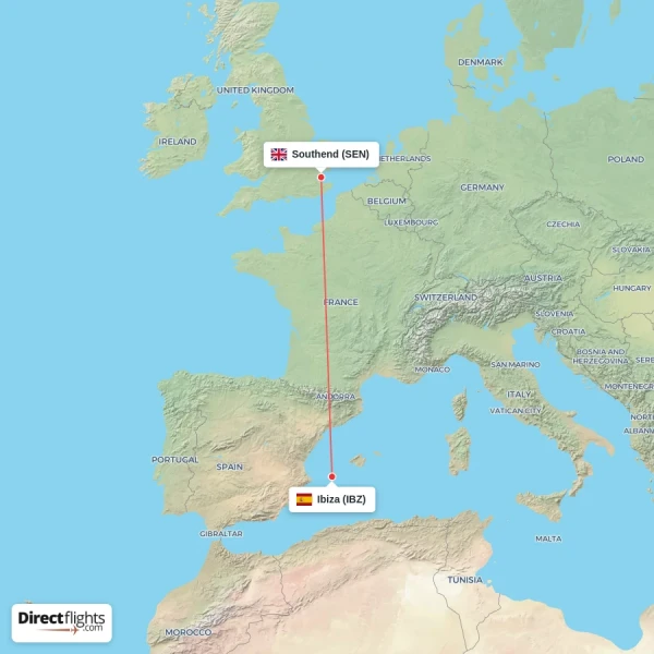 Southend - Ibiza direct flight map