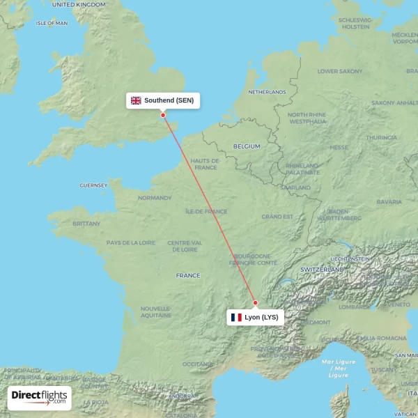 Southend - Lyon direct flight map