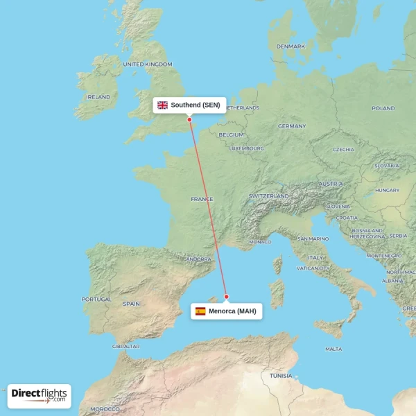 Southend - Menorca direct flight map