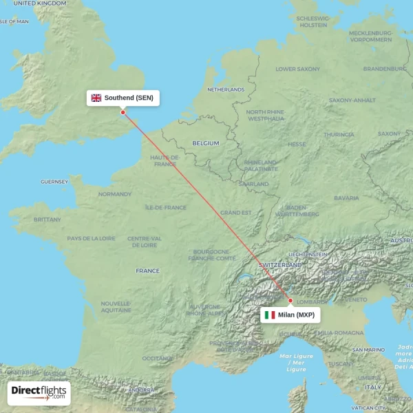 Southend - Milan direct flight map