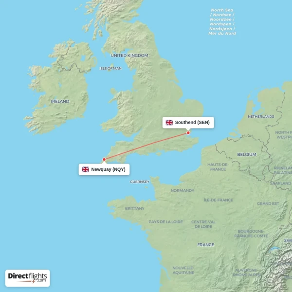 Southend - Newquay direct flight map