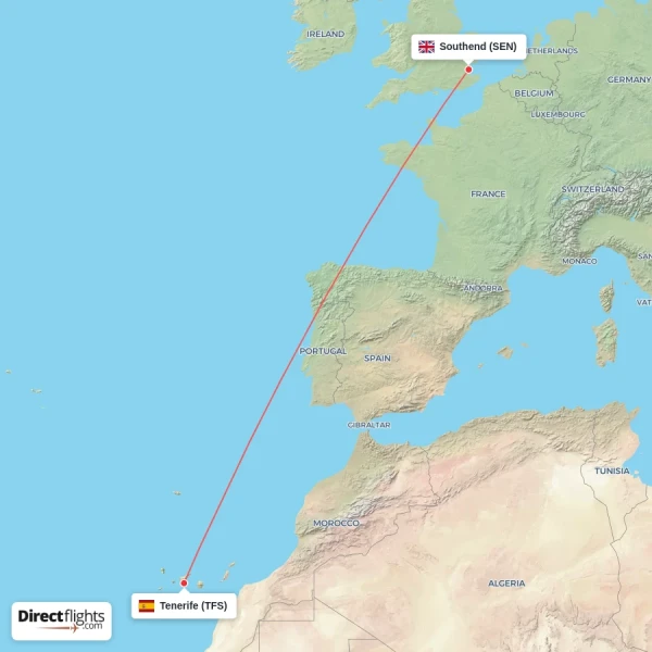 Southend - Tenerife direct flight map