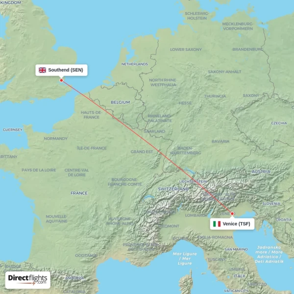 Southend - Venice direct flight map