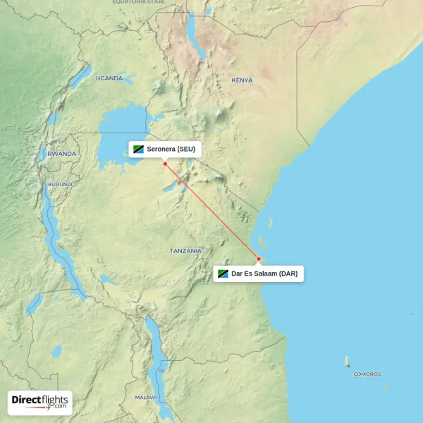 Seronera - Dar Es Salaam direct flight map