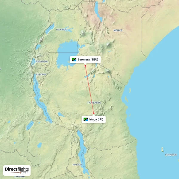 Seronera - Iringa direct flight map