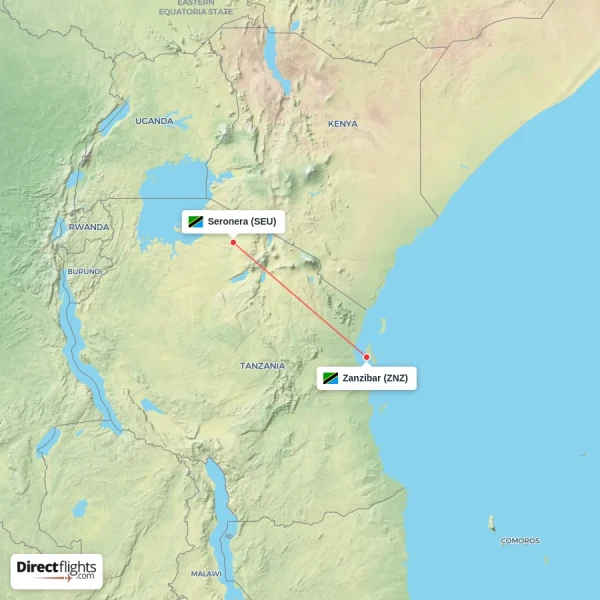 Seronera - Zanzibar direct flight map