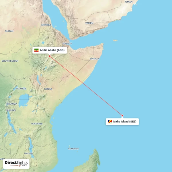 Mahe Island - Addis Ababa direct flight map