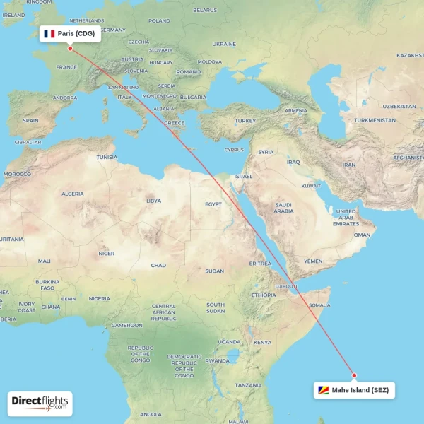 Mahe Island - Paris direct flight map