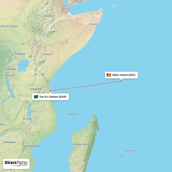 Mahe Island - Dar Es Salaam direct flight map