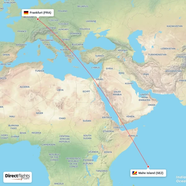 Mahe Island - Frankfurt direct flight map