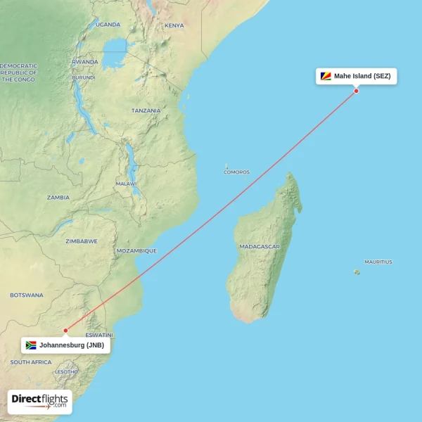 Mahe Island - Johannesburg direct flight map