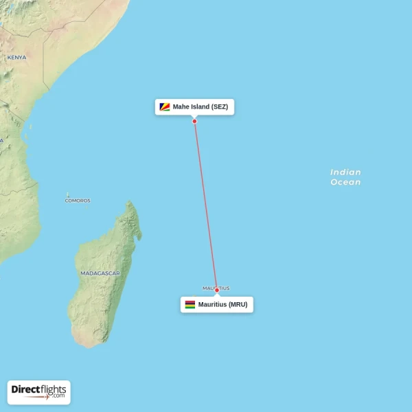 Mahe Island - Mauritius direct flight map