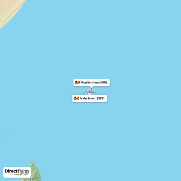 Mahe Island - Praslin Island direct flight map