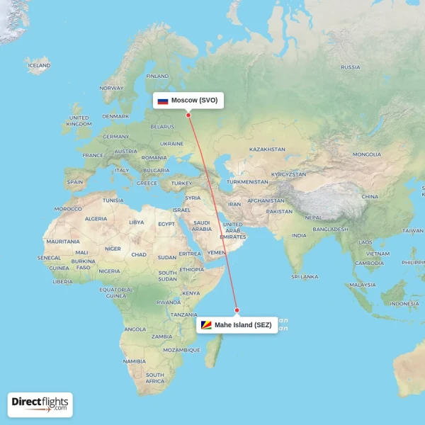 Mahe Island - Moscow direct flight map