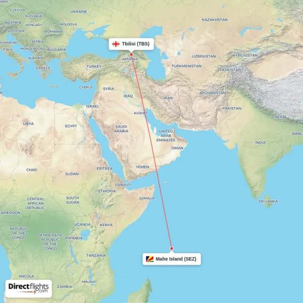 Mahe Island - Tbilisi direct flight map
