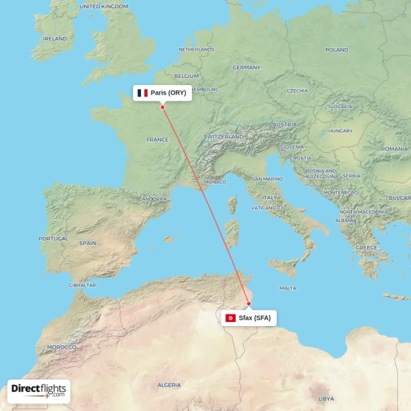 Sfax - Paris direct flight map