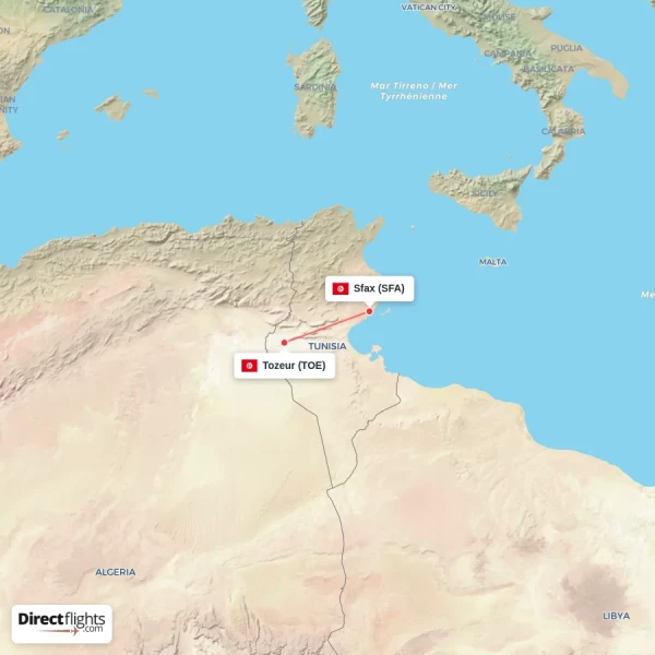 Sfax - Tozeur direct flight map
