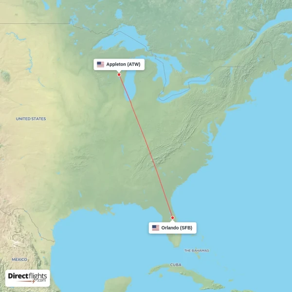 Orlando - Appleton direct flight map