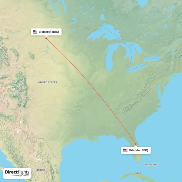 Orlando - Bismarck direct flight map