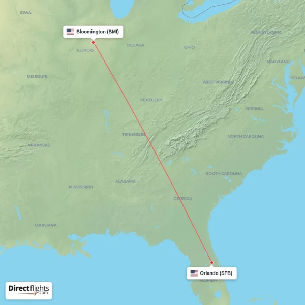 Orlando - Bloomington direct flight map
