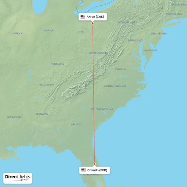 Orlando - Akron direct flight map
