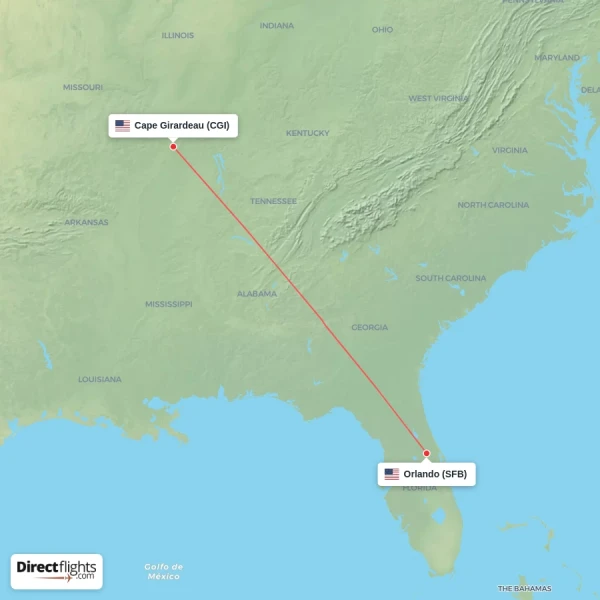 Orlando - Cape Girardeau direct flight map