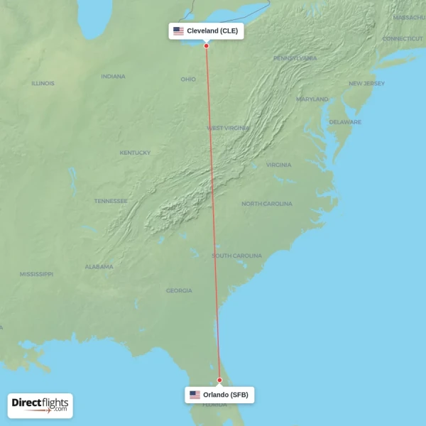 Orlando - Cleveland direct flight map