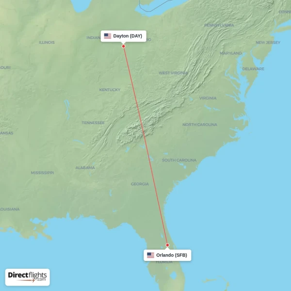 Orlando - Dayton direct flight map
