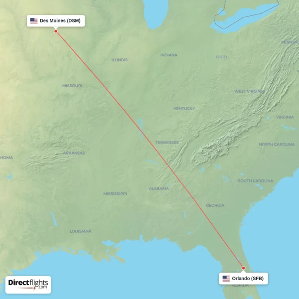 Orlando - Des Moines direct flight map