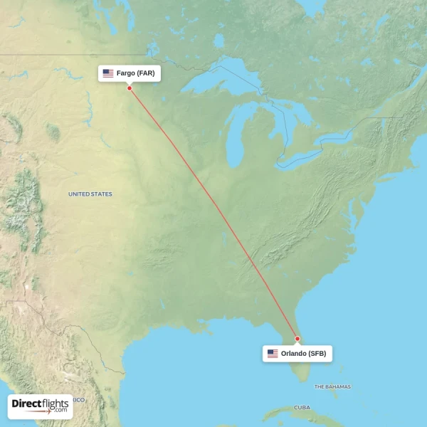 Orlando - Fargo direct flight map