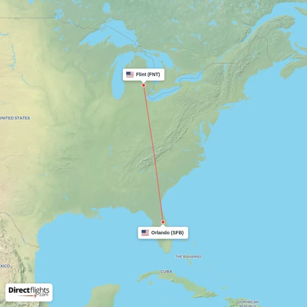 Orlando - Flint direct flight map