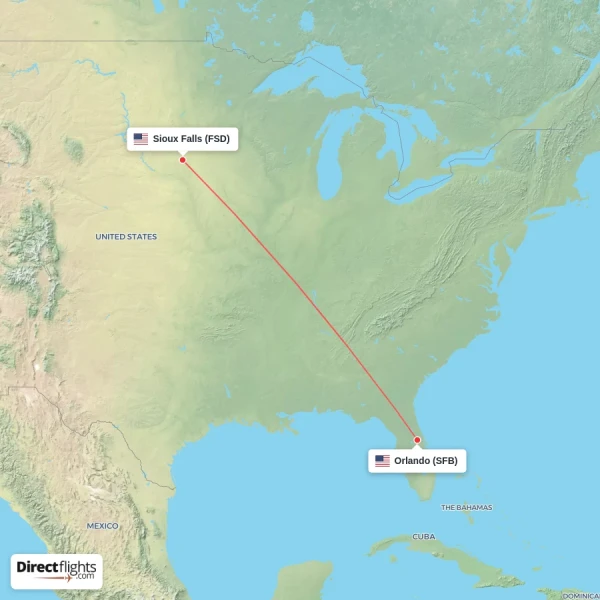 Orlando - Sioux Falls direct flight map