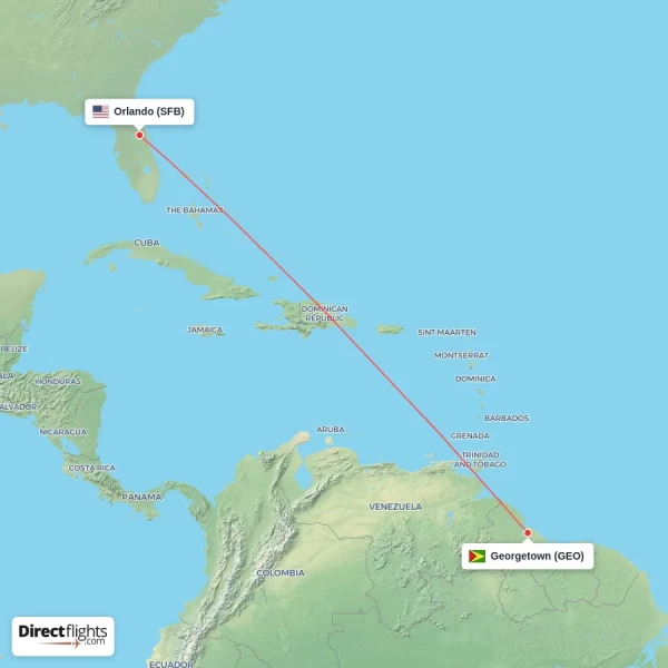 Orlando - Georgetown direct flight map