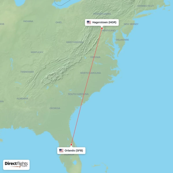 Orlando - Hagerstown direct flight map