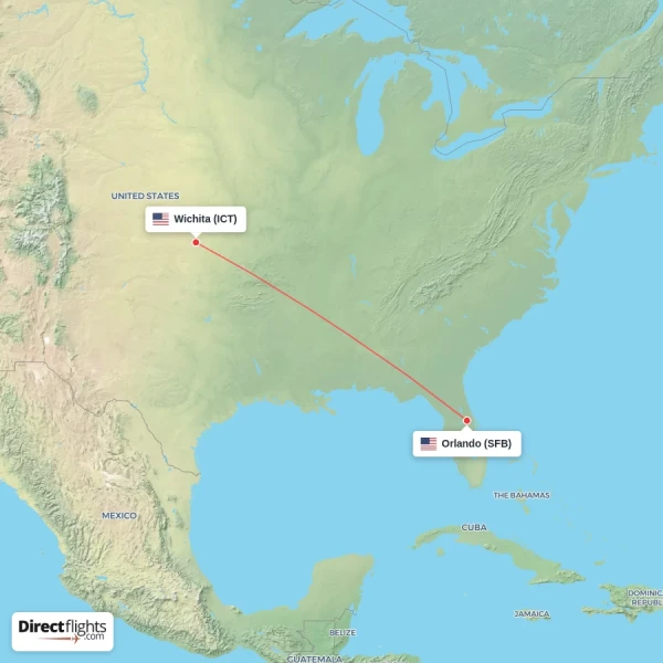 Orlando - Wichita direct flight map