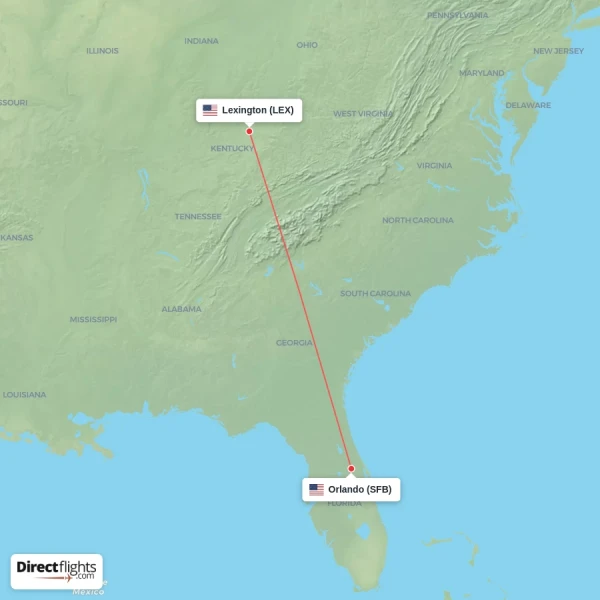 Orlando - Lexington direct flight map