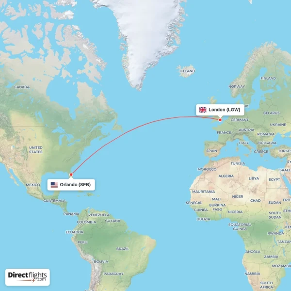 Orlando - London direct flight map