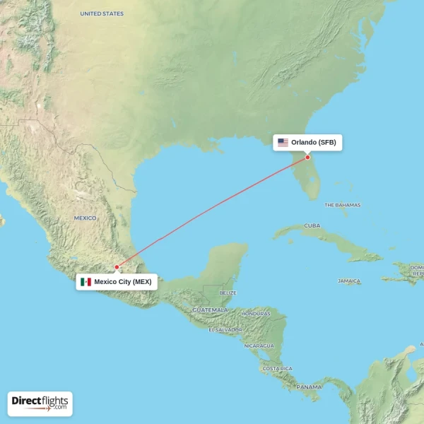 Orlando - Mexico City direct flight map