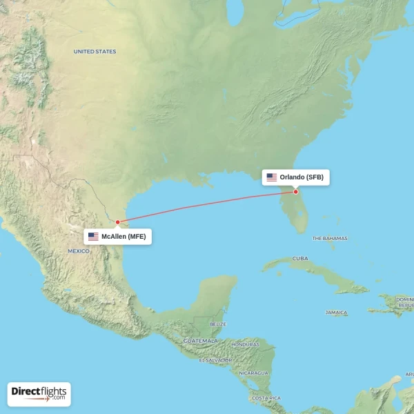 Orlando - McAllen direct flight map