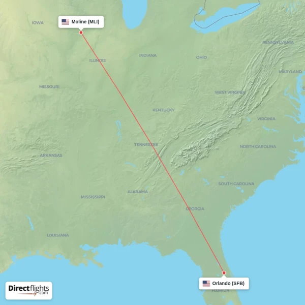 Orlando - Moline direct flight map